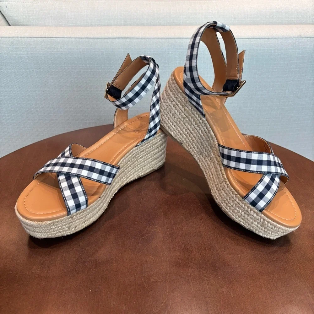 NWOT J. Crew Gingham flatform espadrilles Wedges, Size 8